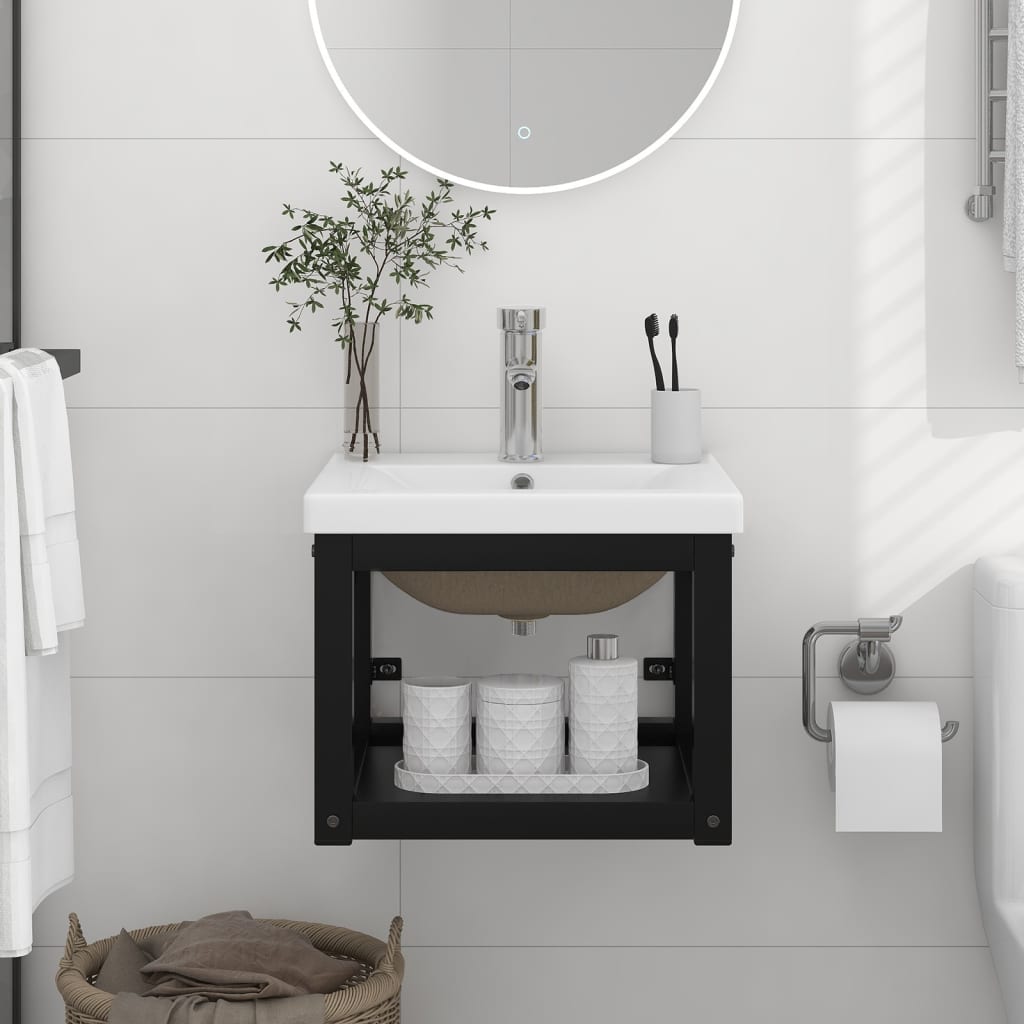 Floating Washbasin Frame with Built-in Basin, Black Iron - Small