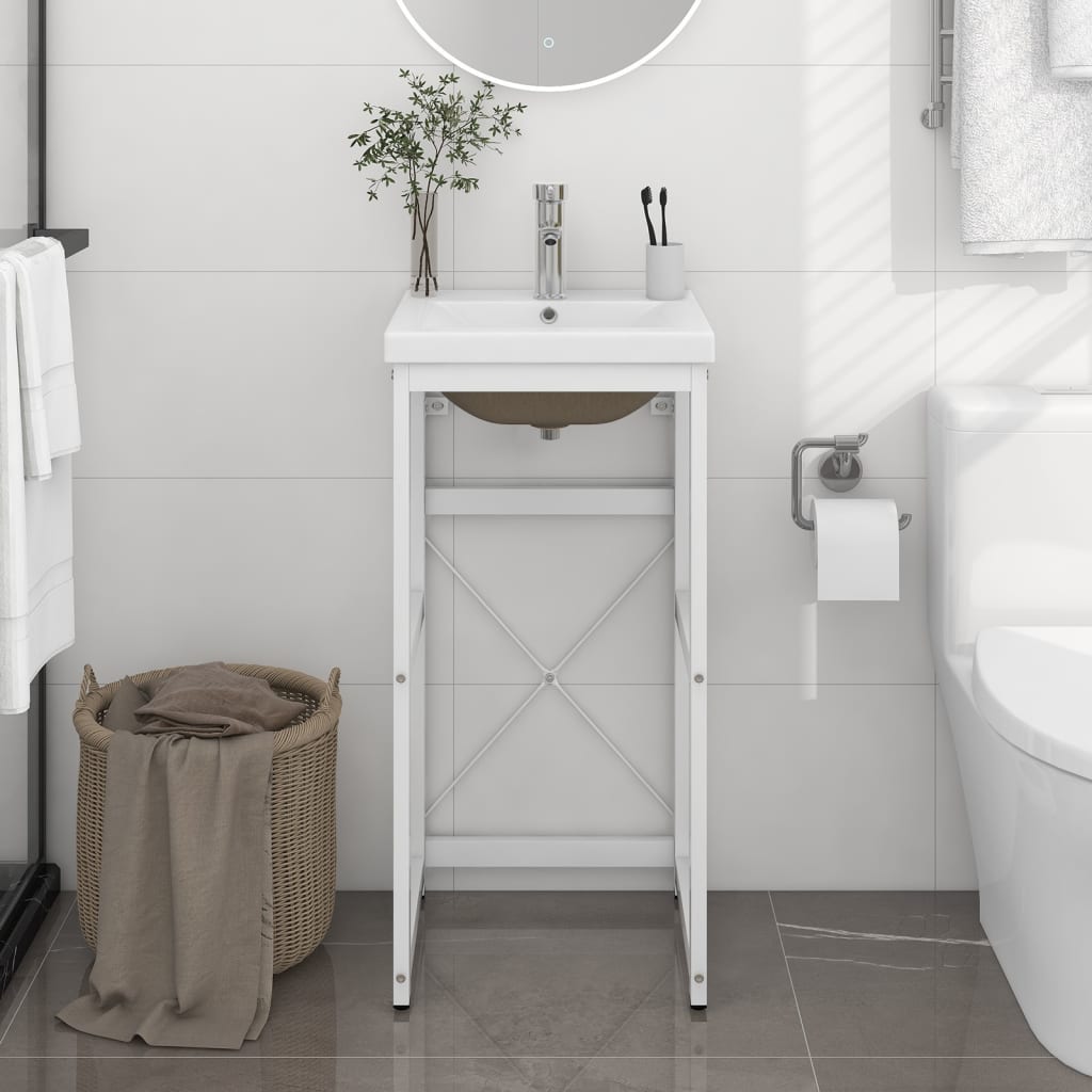 Bathroom Washbasin Frame with Built-in Basin White Iron