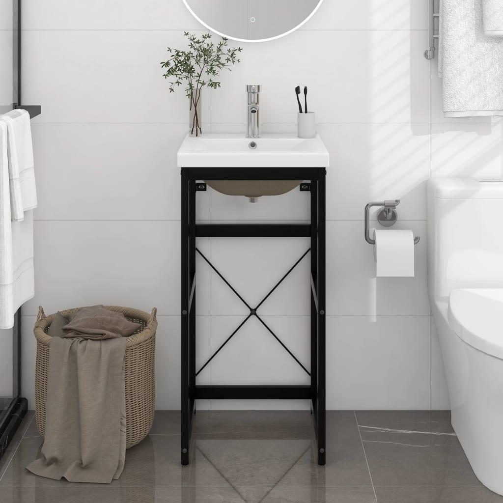 Tall Washbasin Frame with Built-in Basin, Black Iron - No Shelves