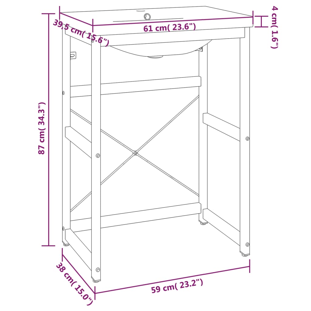 Medium Washbasin Frame with Built-in Basin, Black Iron - No Shelves