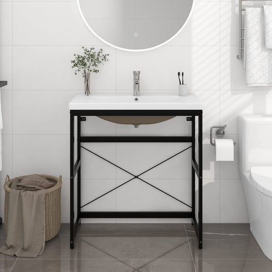 Large Washbasin Frame with Built-in Basin, Black Iron - No Shelves