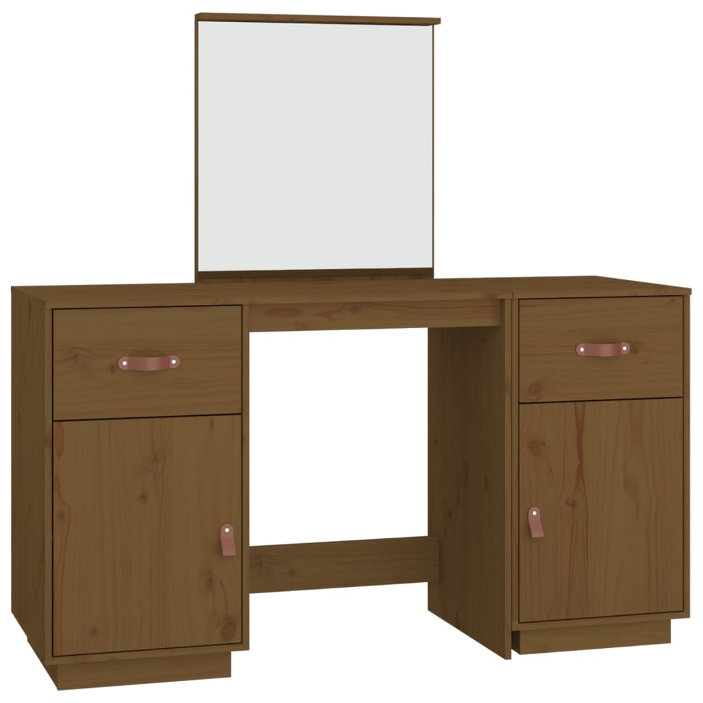 Dressing Table Set with a Mirror Honey Brown Solid Wood Pine - Bend