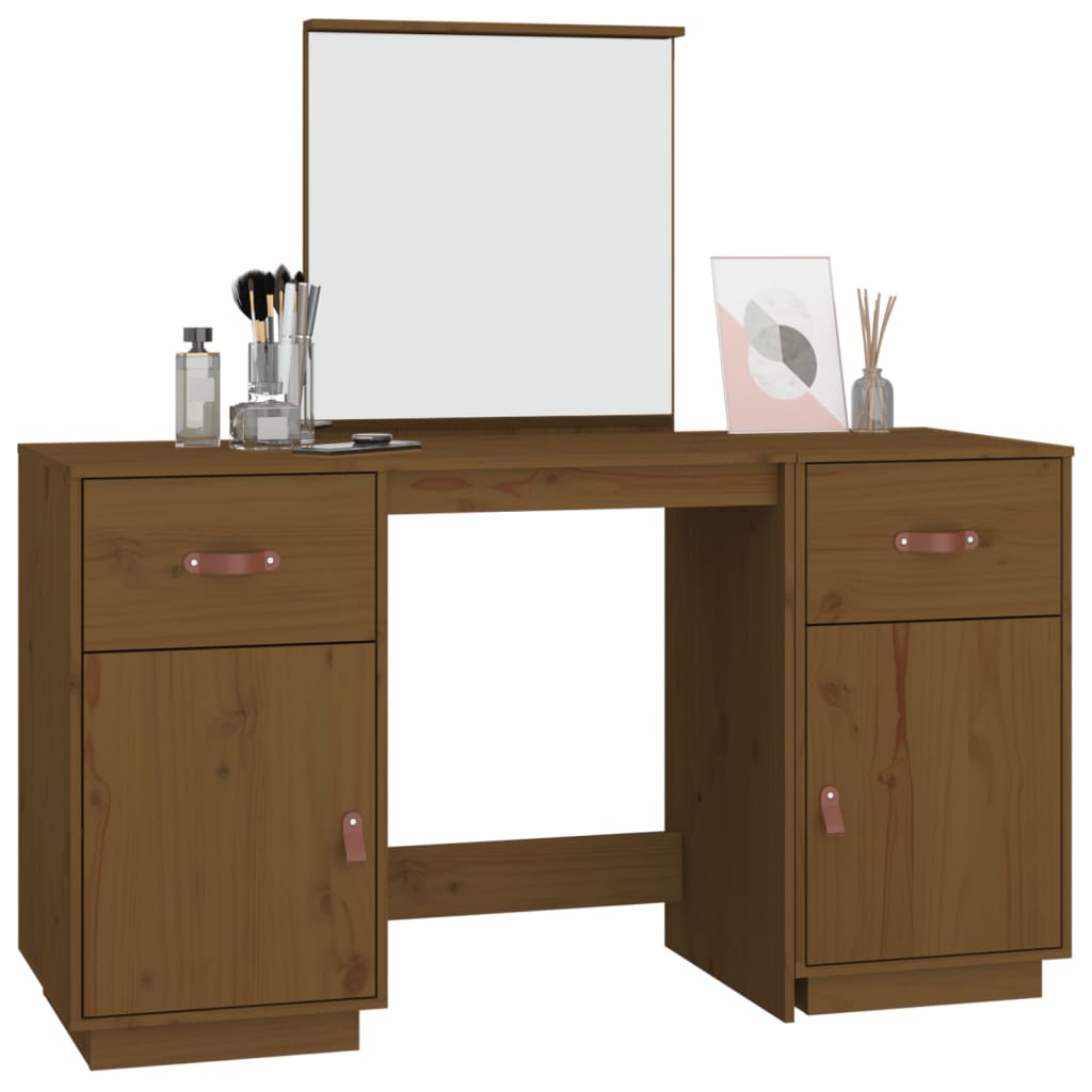 Dressing Table Set with a Mirror Honey Brown Solid Wood Pine - Bend