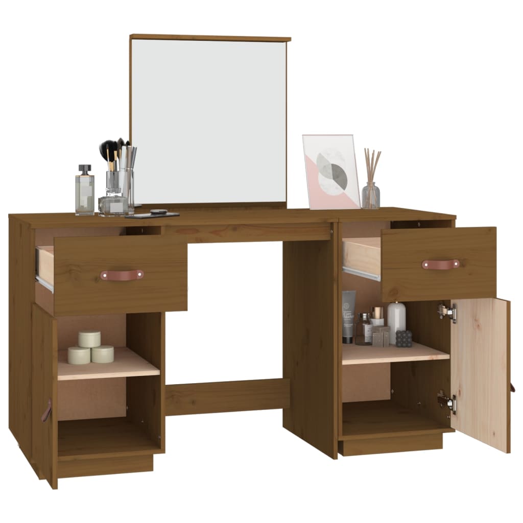 Dressing Table Set with a Mirror Honey Brown Solid Wood Pine - Bend