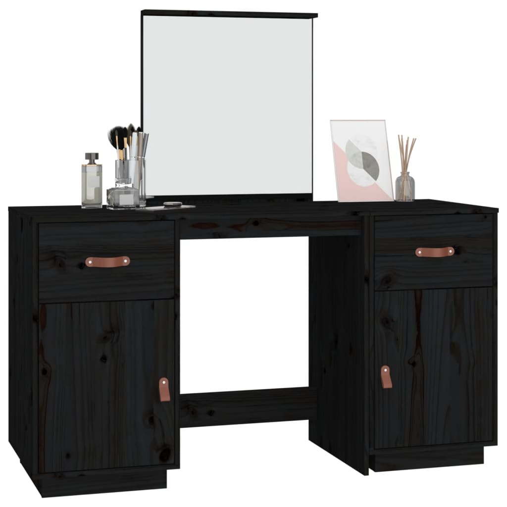 Dressing Table Set with a Mirror Black Solid Wood Pine - Bend