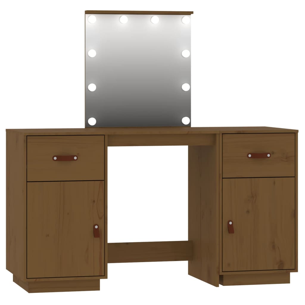 Dressing Table Set with LED Honey Brown Solid Wood Pine - Bend