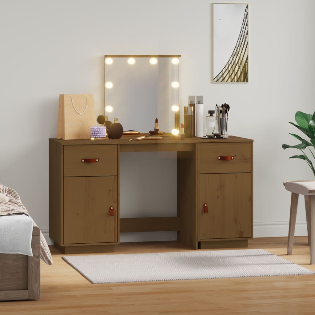 Dressing Table Set with LED Honey Brown Solid Wood Pine - Bend