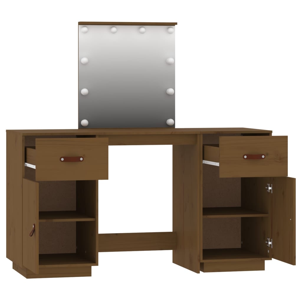 Dressing Table Set with LED Honey Brown Solid Wood Pine - Bend