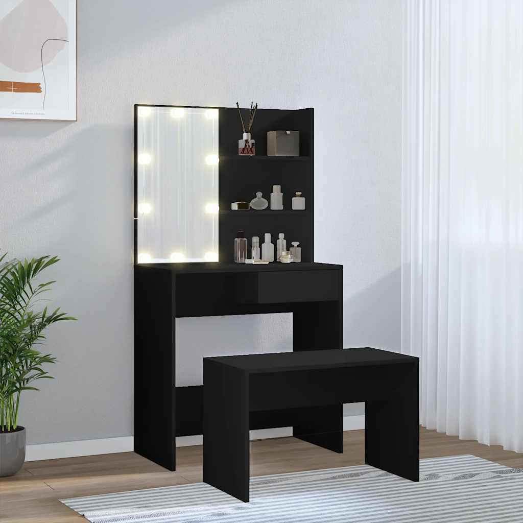 Dressing Table Set with LED Black Engineered Wood - Bend