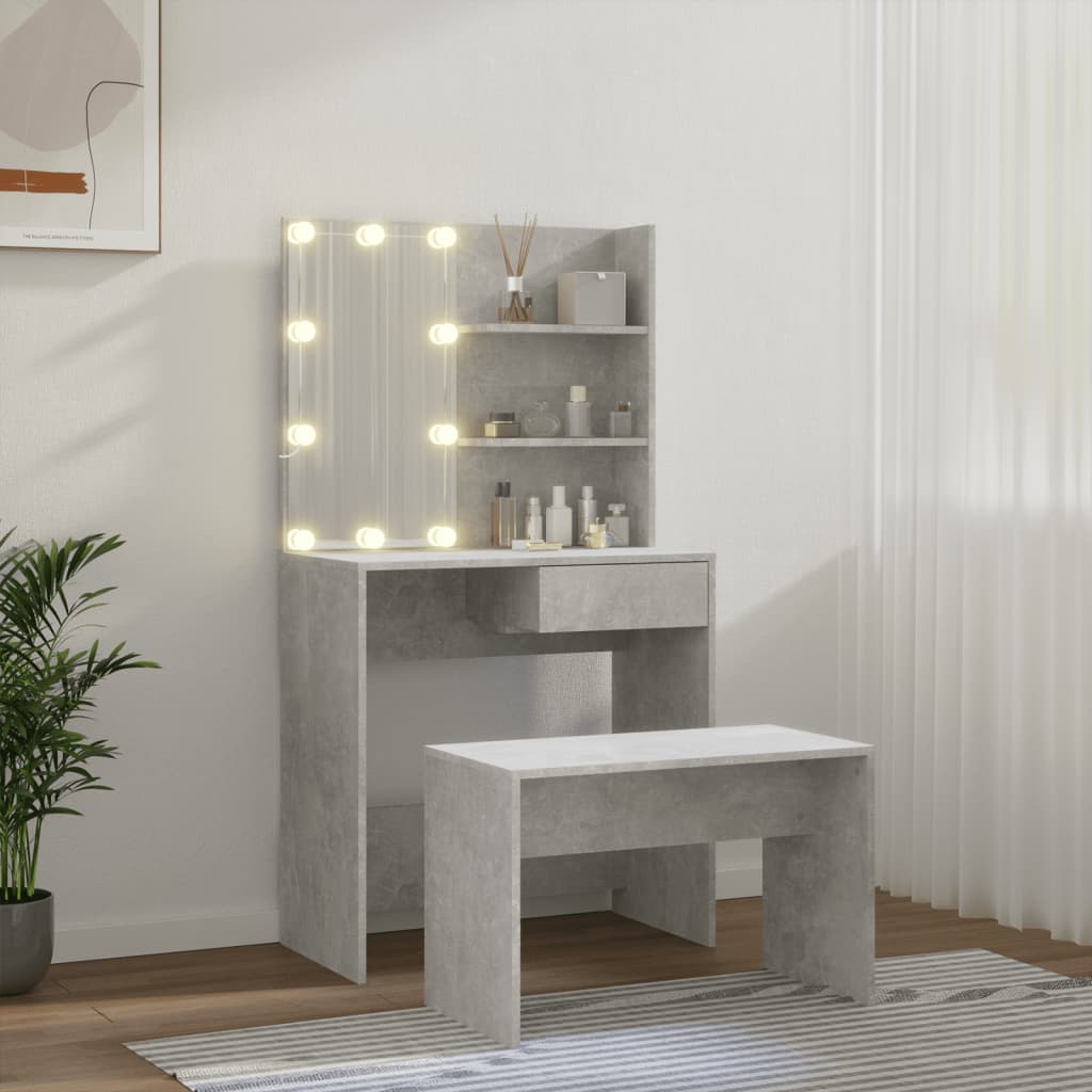 Dressing Table Set with LED Concrete Grey Engineered Wood - Bend