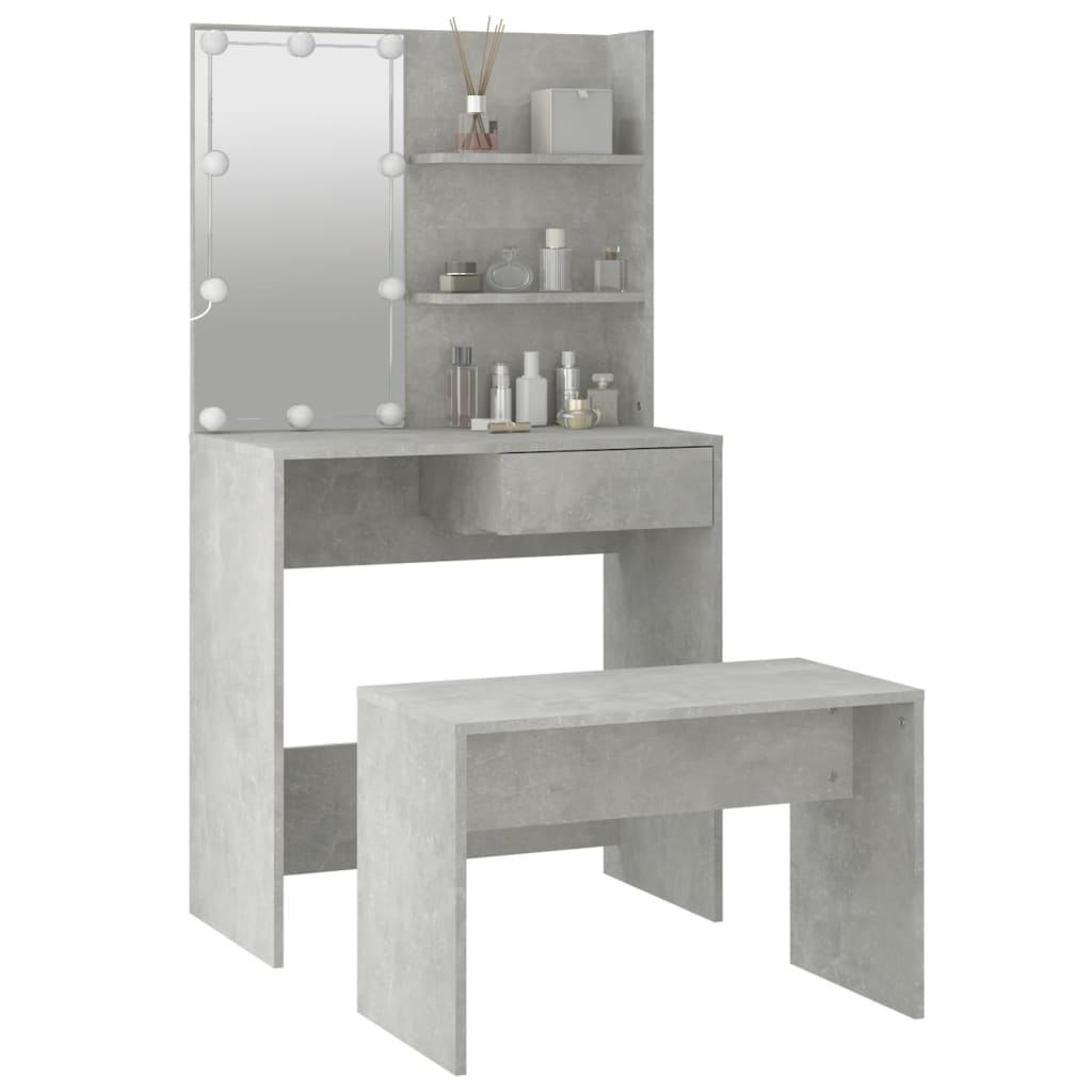 Dressing Table Set with LED Concrete Grey Engineered Wood - Bend