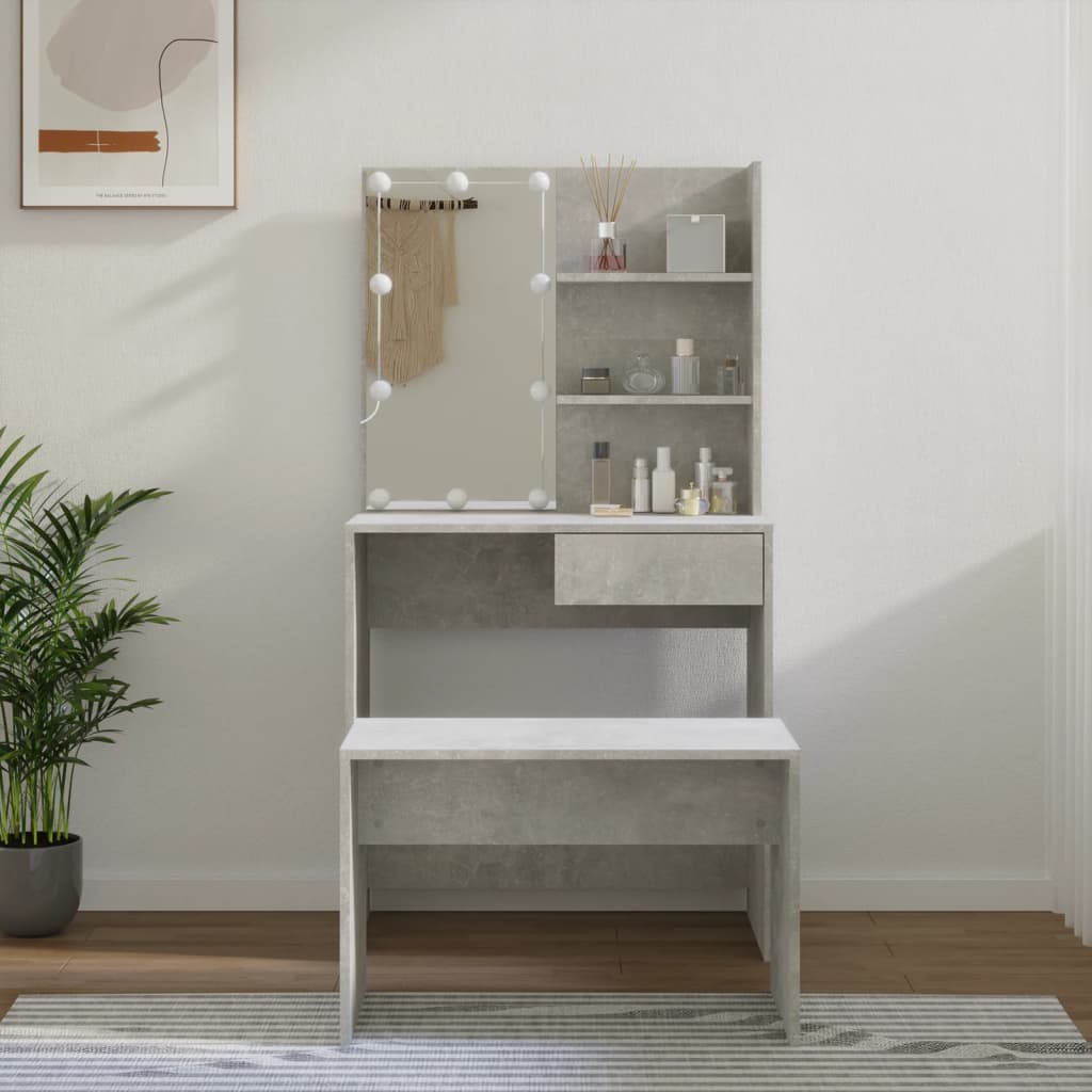 Dressing Table Set with LED Concrete Grey Engineered Wood - Bend