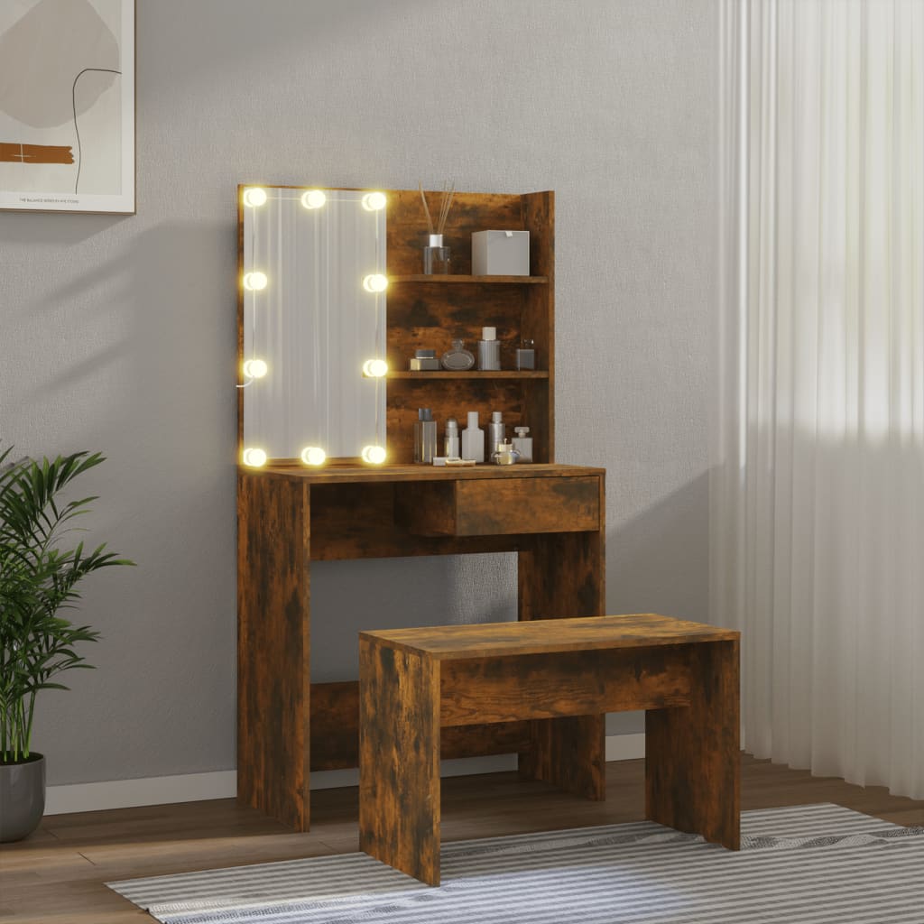 Dressing Table Set with LED Smoked Oak Engineered Wood - Bend