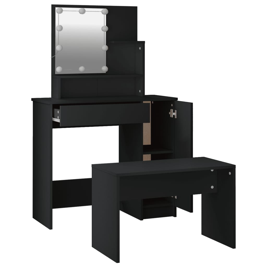 Dressing Table Set with LED Black Engineered Wood - Bend