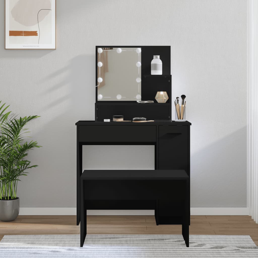 Dressing Table Set with LED Black Engineered Wood - Bend