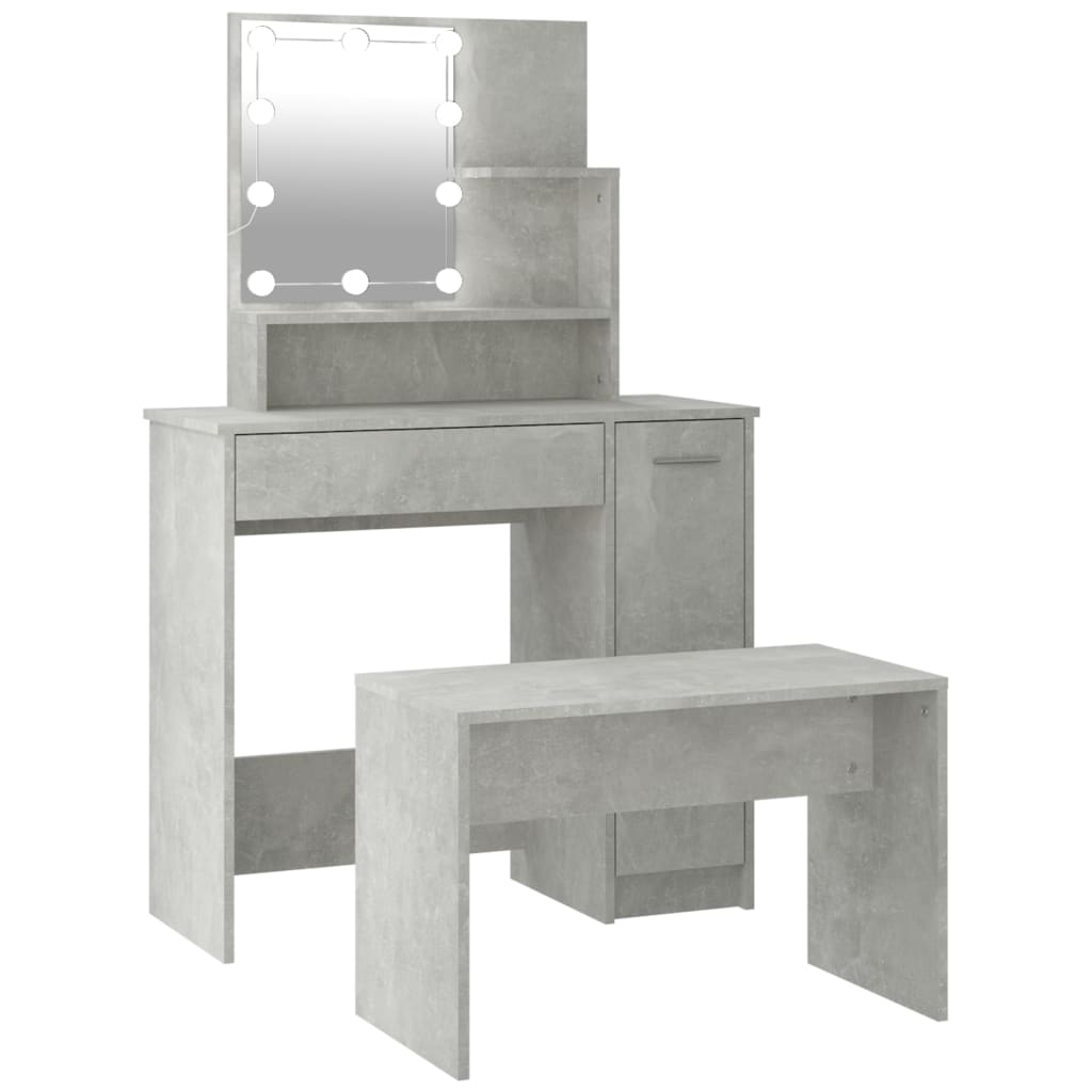 Dressing Table Set with LED Concrete Grey Engineered Wood - Bend