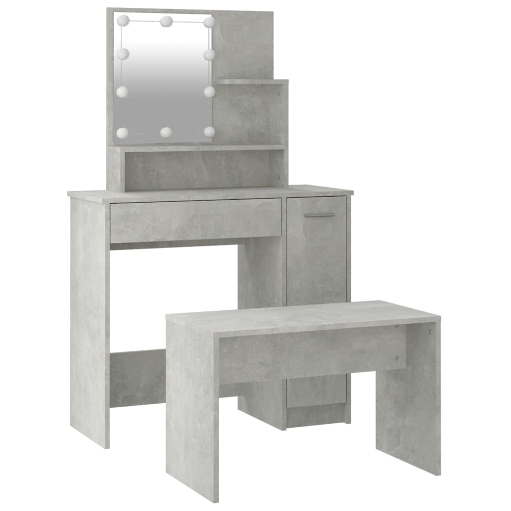 Dressing Table Set with LED Concrete Grey Engineered Wood - Bend