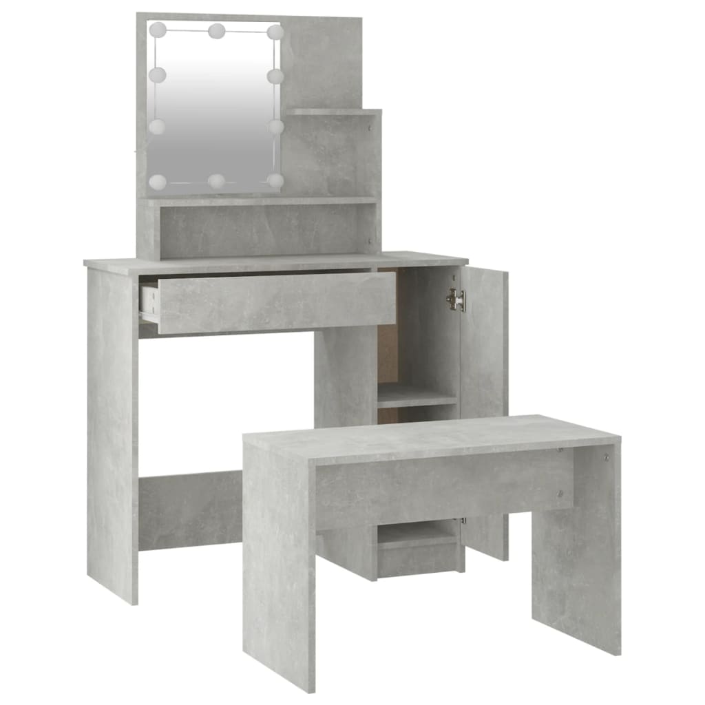 Dressing Table Set with LED Concrete Grey Engineered Wood - Bend