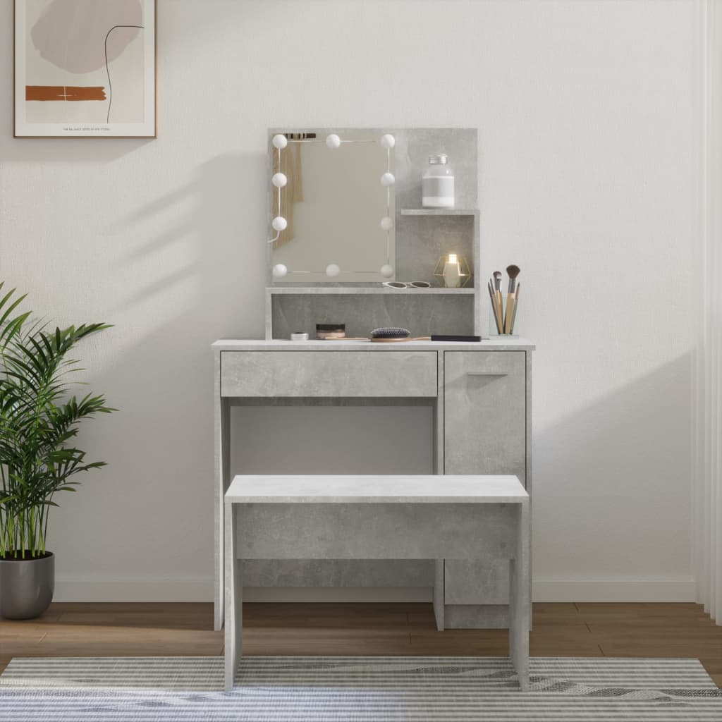 Dressing Table Set with LED Concrete Grey Engineered Wood - Bend