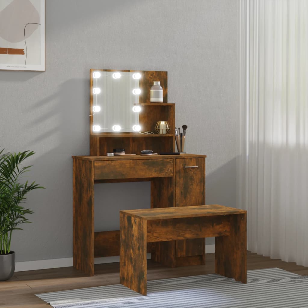 Dressing Table Set with LED Smoked Oak Engineered Wood - Bend