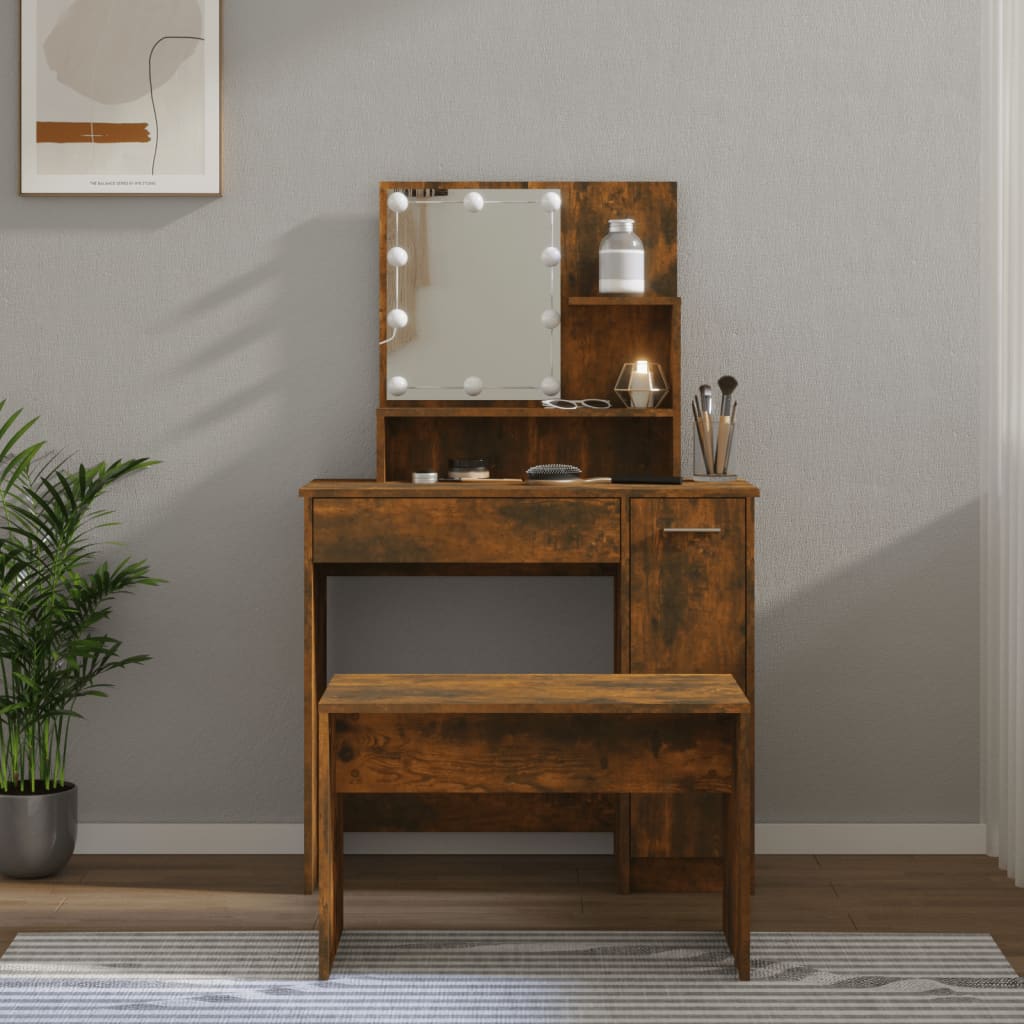 Dressing Table Set with LED Smoked Oak Engineered Wood - Bend