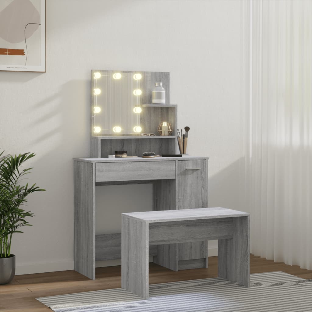 Dressing Table Set with LED Grey Sonoma Engineered Wood - Bend