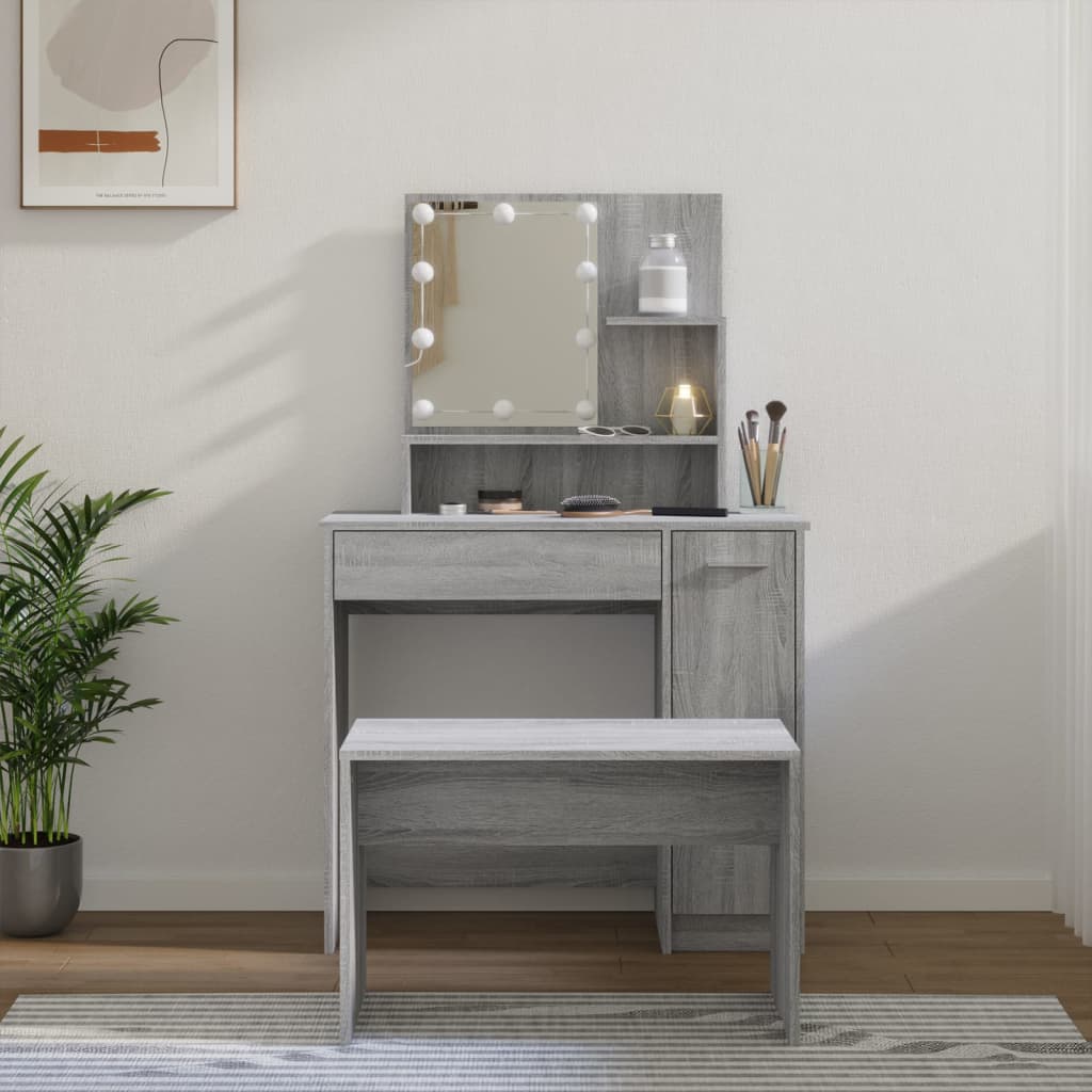 Dressing Table Set with LED Grey Sonoma Engineered Wood - Bend