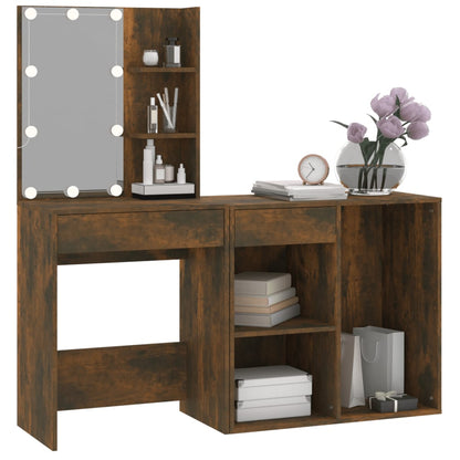 LED Dressing Table with Cabinet Smoked Oak Engineered Wood - Bend