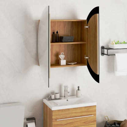 Bathroom Cabinet with Round Mirror&LED Oak 54x54x17.5 cm