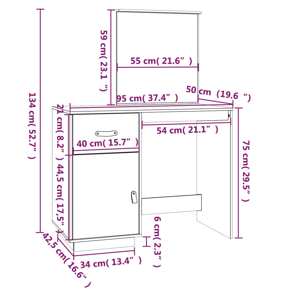 Dressing Table Grey 95x50x134 cm Solid Wood Pine - Bend