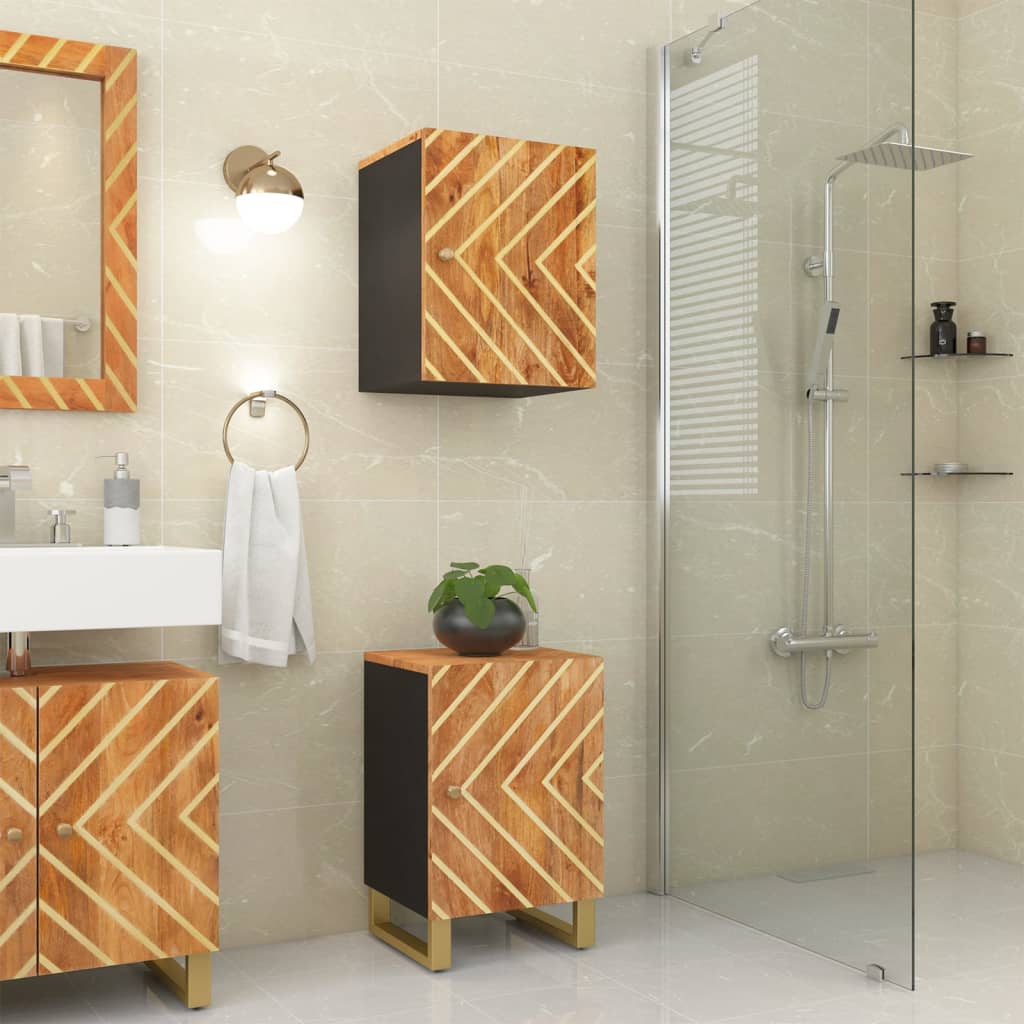 Mango Wood Bathroom Storage Cabinet in Brown and Black