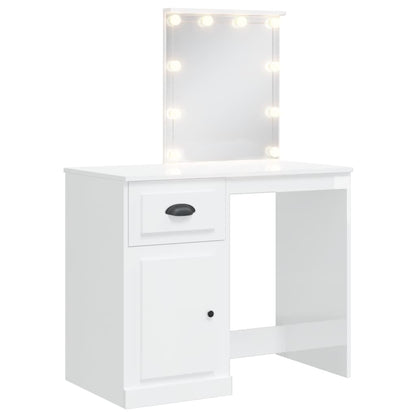 Dressing Table with LED Lights High Gloss White 90x42x132.5 cm - Bend