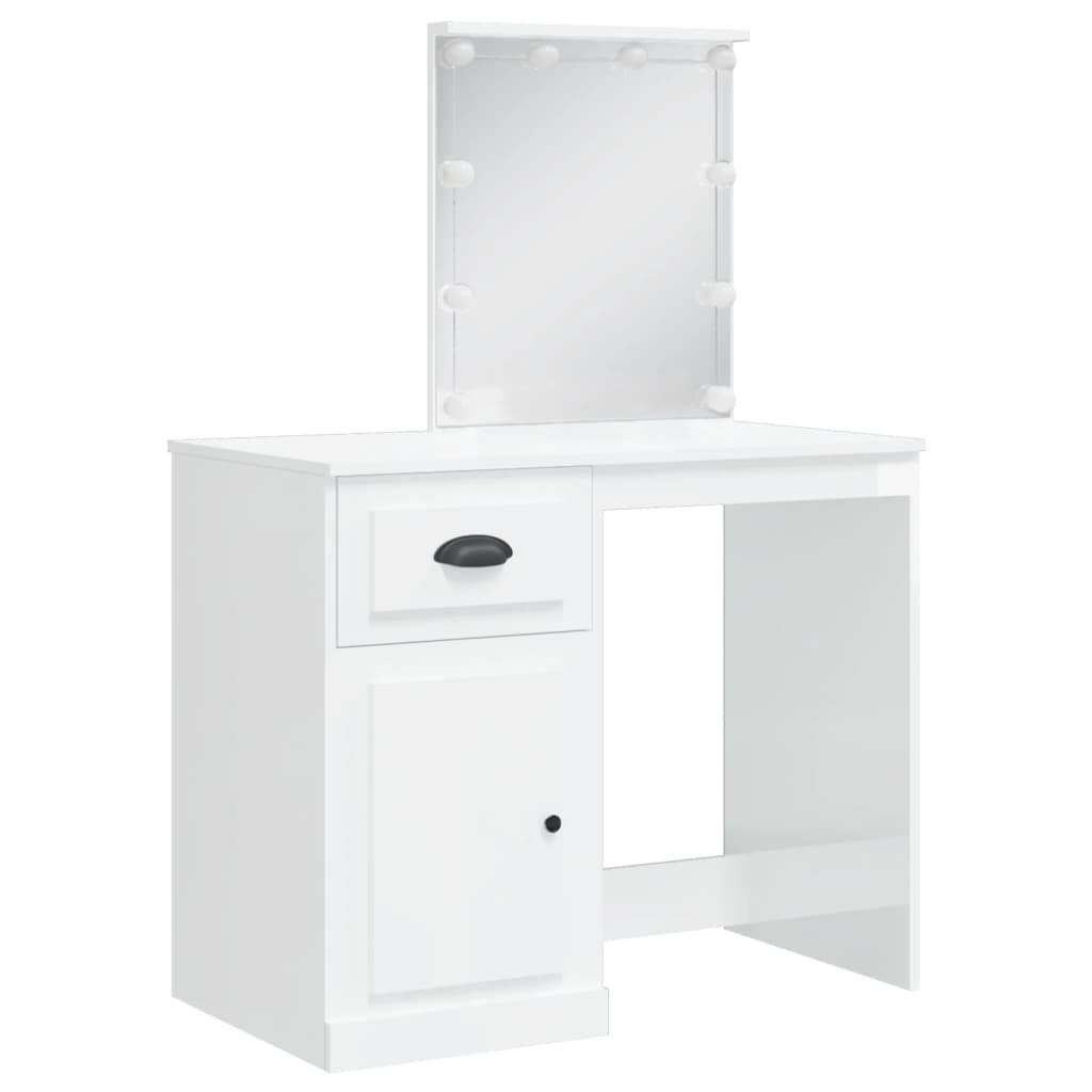 Dressing Table with LED Lights High Gloss White 90x42x132.5 cm - Bend