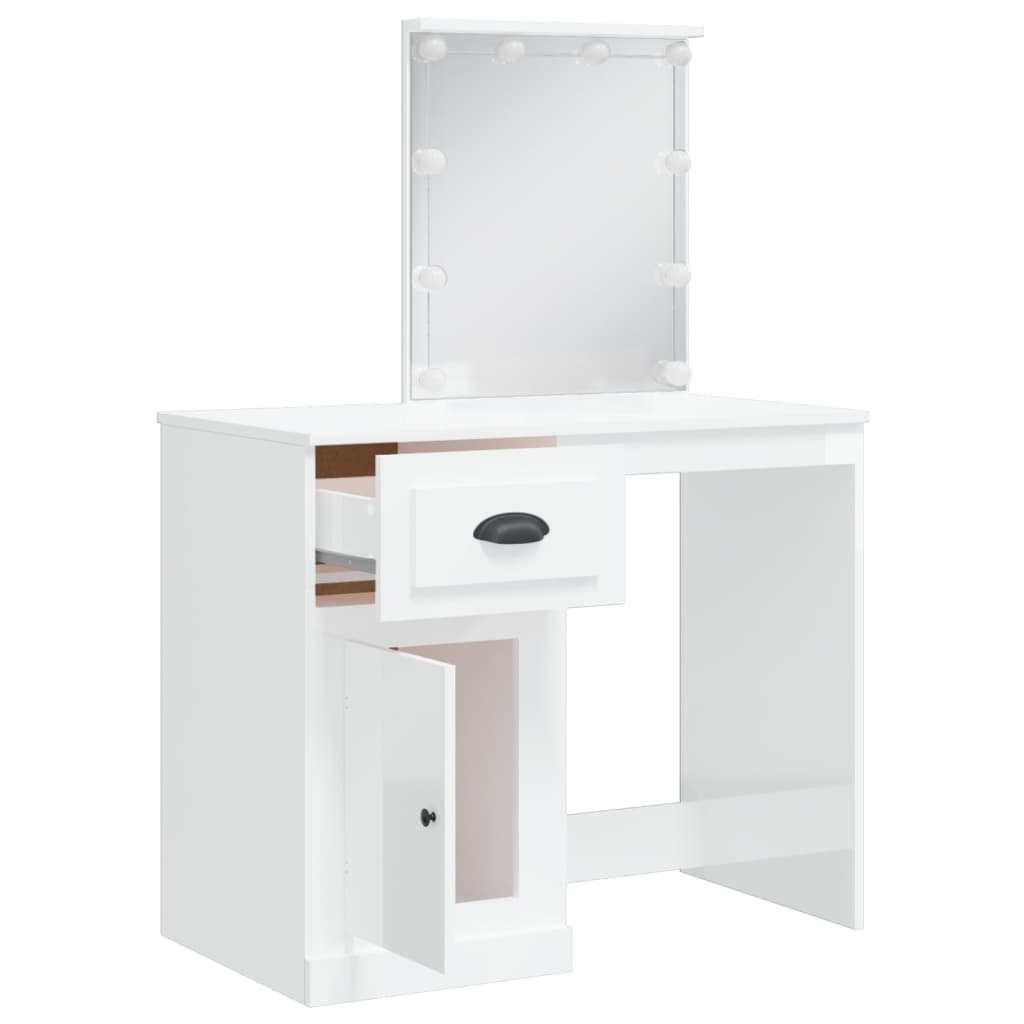 Dressing Table with LED Lights High Gloss White 90x42x132.5 cm - Bend