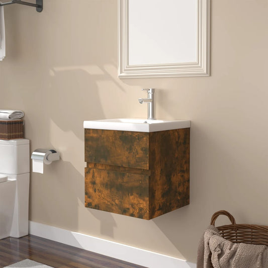 Sink Cabinet with Built-in Basin Smoked Oak Engineered Wood