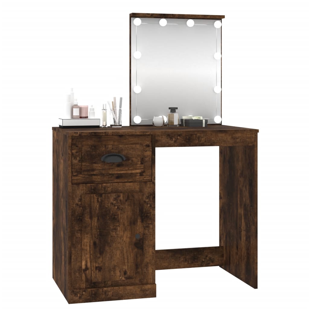 Dressing Table with LED Smoked Oak 90x50x132.5 cm Engineered Wood - Bend