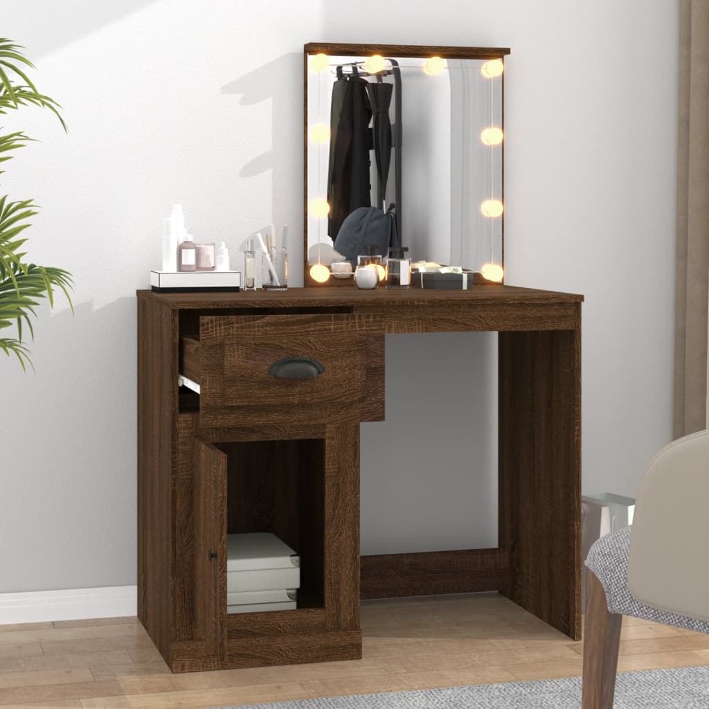 Dressing Table with LED Brown Oak 90x50x132.5 cm Engineered Wood - Bend