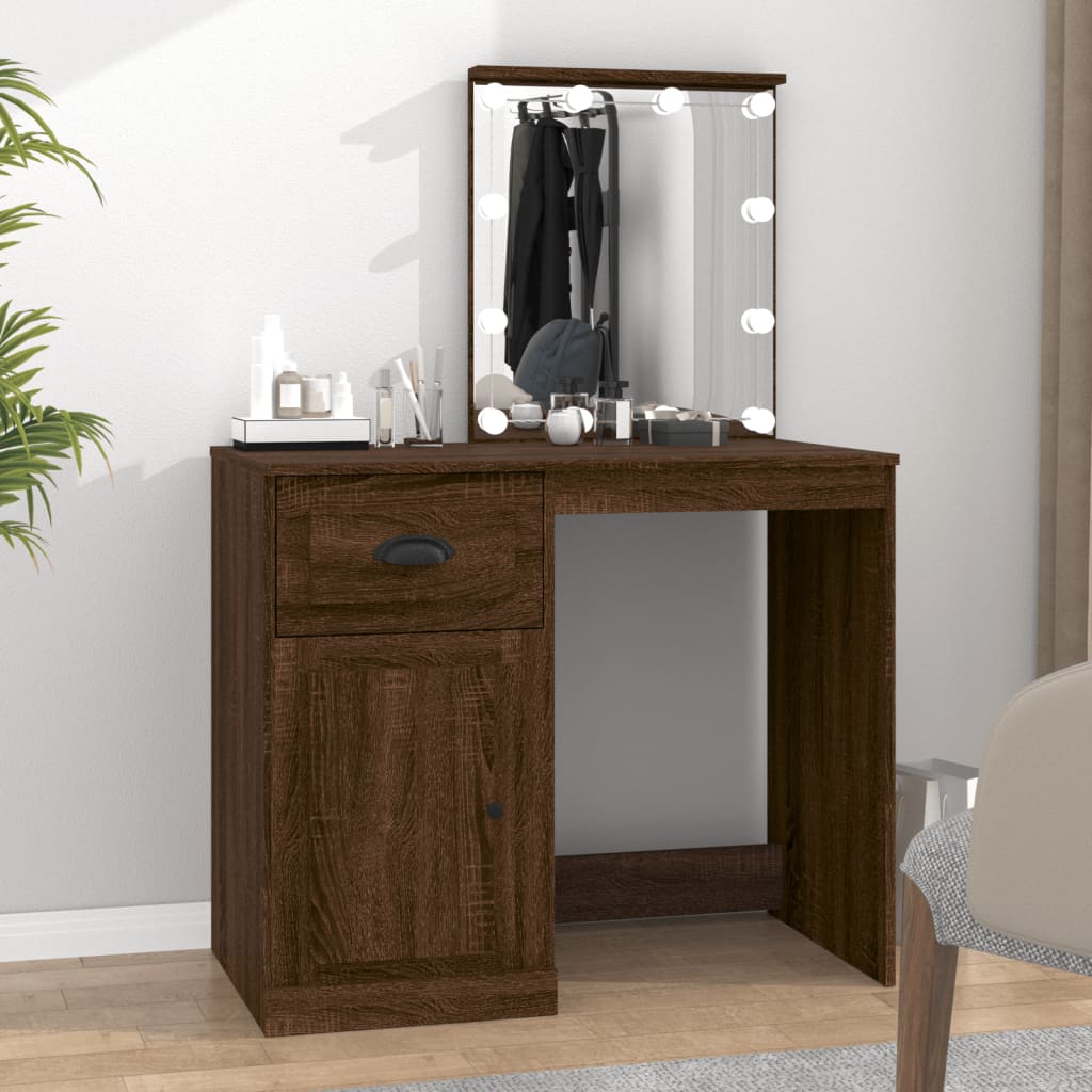 Dressing Table with LED Brown Oak 90x50x132.5 cm Engineered Wood - Bend