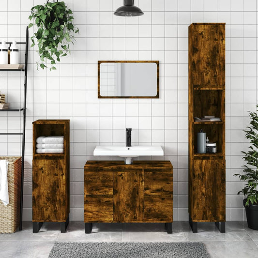 Bathroom Cabinet Smoked Oak 30x30x100 cm Engineered Wood - Bend