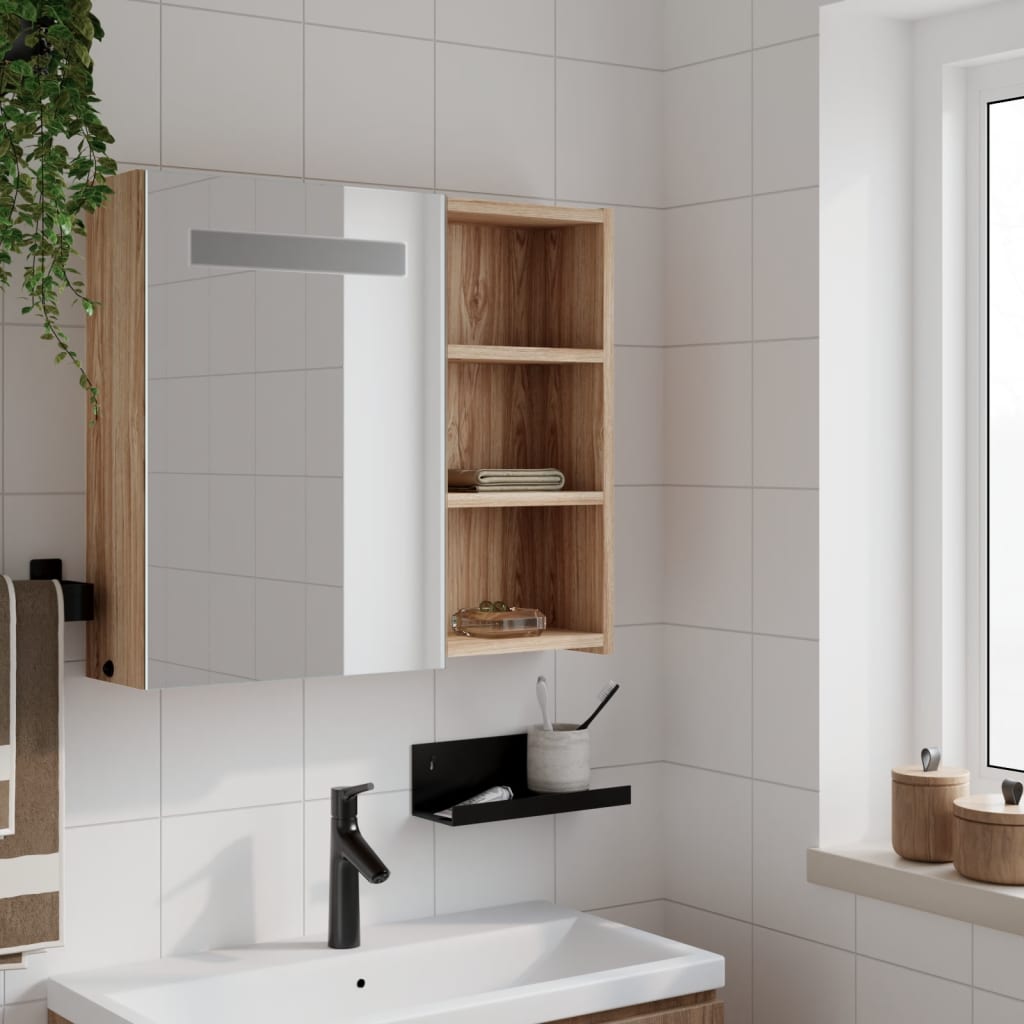 Bathroom Mirror Cabinet with LED Light Oak 60x13x52 cm - Bend