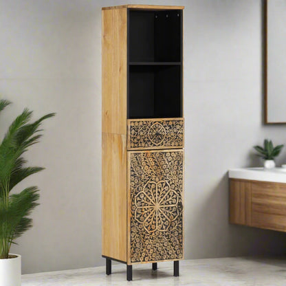 Mango Wood Bathroom Storage Cabinet with Patterned Design