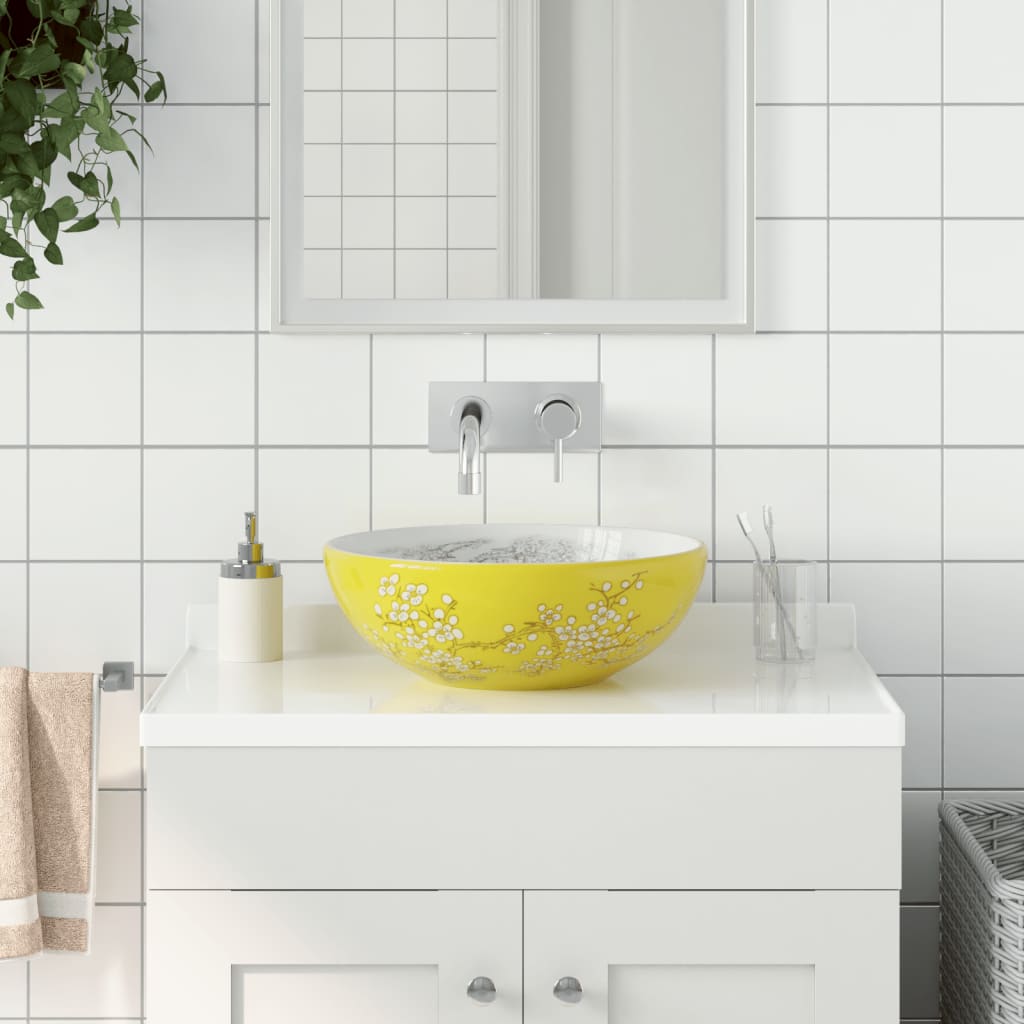 Countertop Basin White and Yellow Round Φ41x14 cm Ceramic - Bend