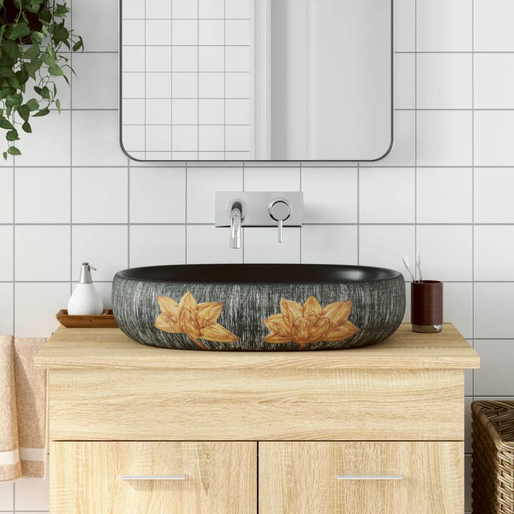 Countertop Basin Grey and Black Oval 59x40x14 cm Ceramic