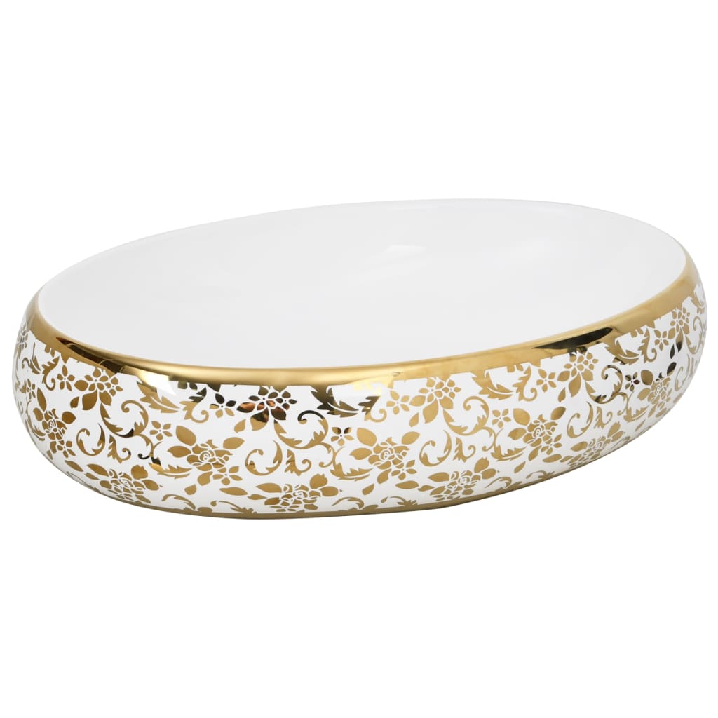 Countertop Basin White and Gold Oval 59x40x15 cm Ceramic - Bend