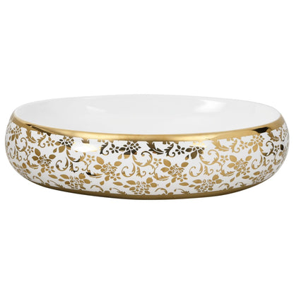 Countertop Basin White and Gold Oval 59x40x15 cm Ceramic - Bend