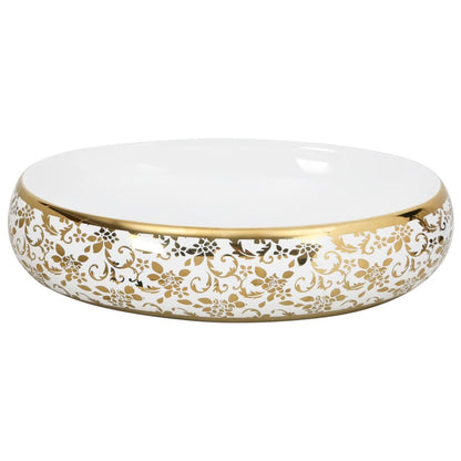 Countertop Basin White and Gold Oval 59x40x15 cm Ceramic - Bend