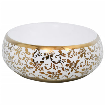 Countertop Basin White and Gold Oval 59x40x15 cm Ceramic - Bend