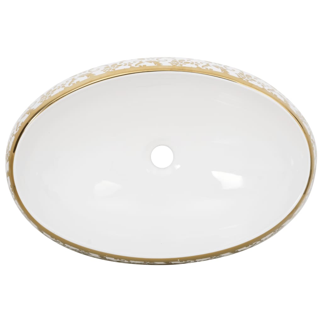 Countertop Basin White and Gold Oval 59x40x15 cm Ceramic - Bend