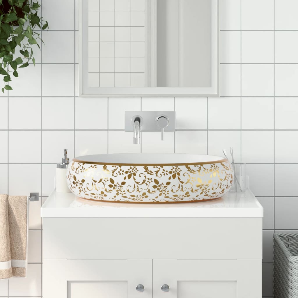 Countertop Basin White and Gold Oval 59x40x15 cm Ceramic - Bend