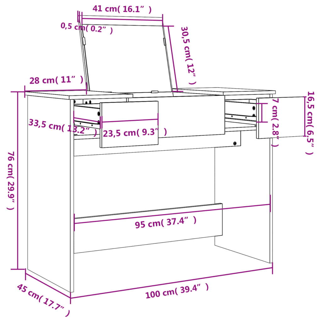 Dressing Table with Mirror Smoked Oak 100x45x76 cm - Bend